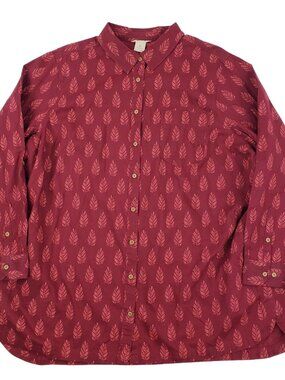 Duluth Trading Hemp Organic Maroon Pink Feather Button Down Women Shirt 2X NWOT